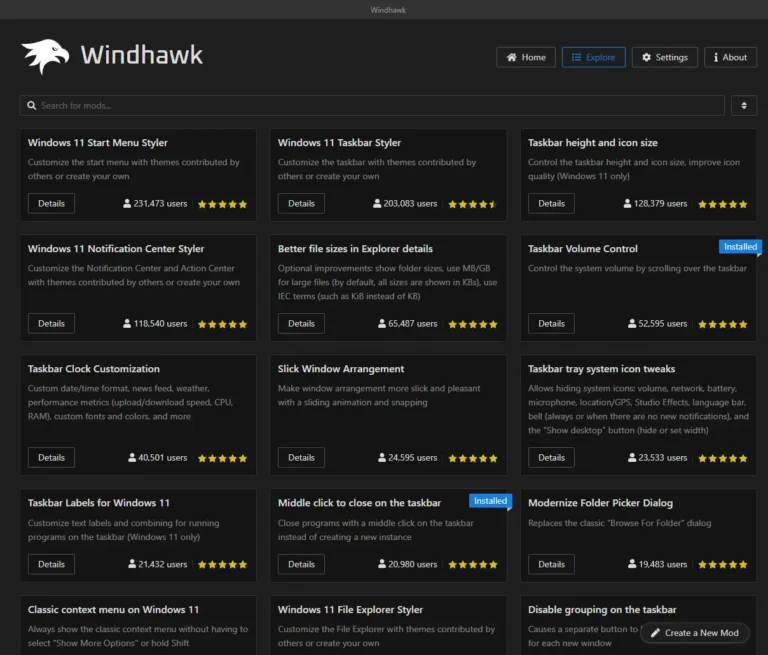 برسی 10 مورد از پر ترفدار ترین مود های برنامه windhawk