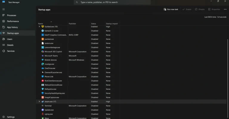 بررسی استارتاپ‌ها (Startup apps) در تسک منیجر